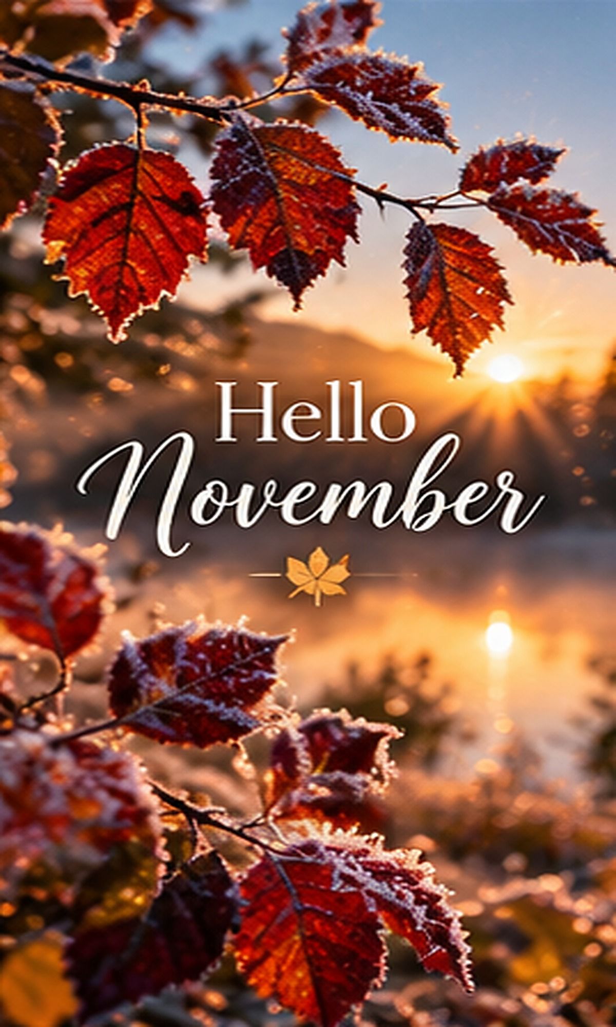 Hello November Frosted Autumn Leaves At Sunrise