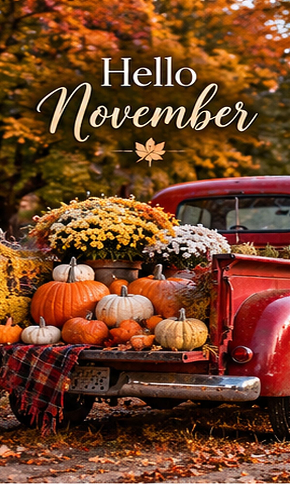 Hello November Red Truck Full Of Pumpkins