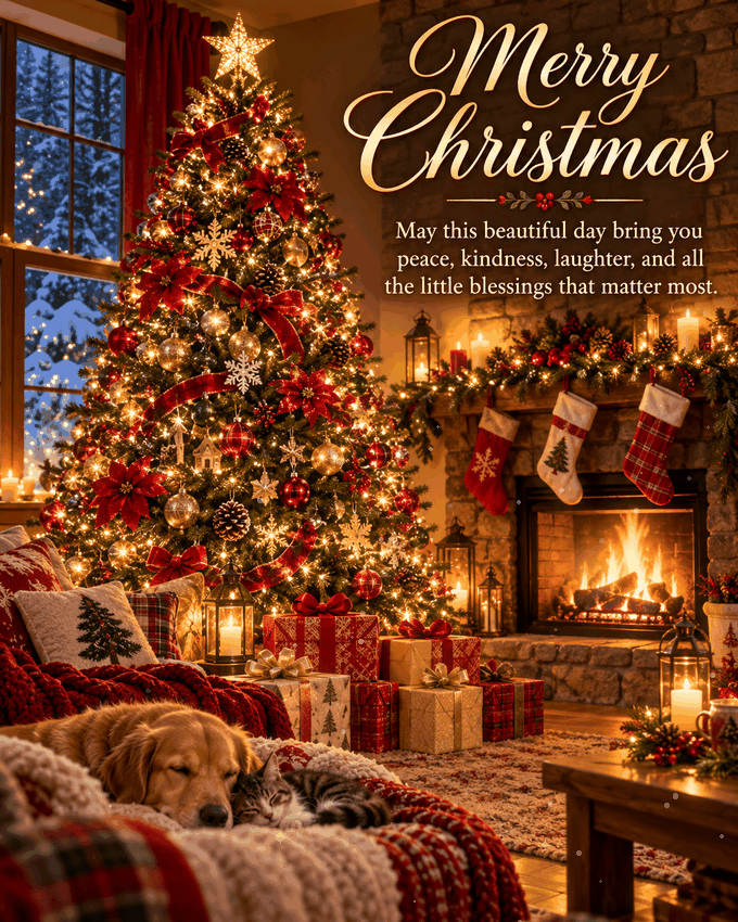 Merry Christmas Fireplace Tree And Sleeping Pets Gif
