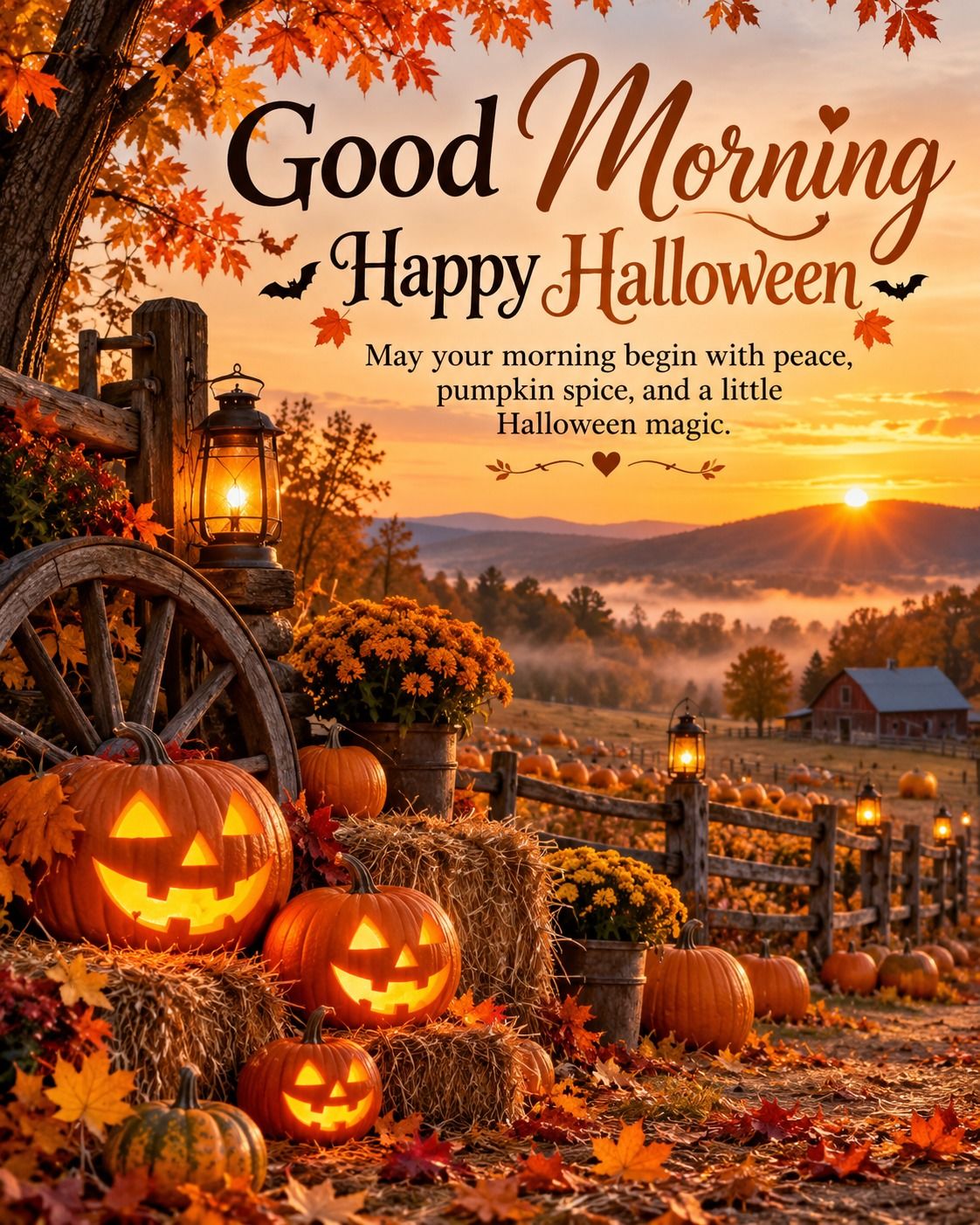 Good Morning Happy Halloween Pumpkin Patch Farm With Glowing Jack O Lanterns
