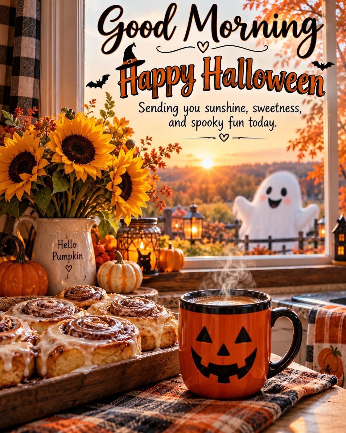 Good Morning Happy Halloween Friendly Ghost Cinnamon Rolls And Sunflowers