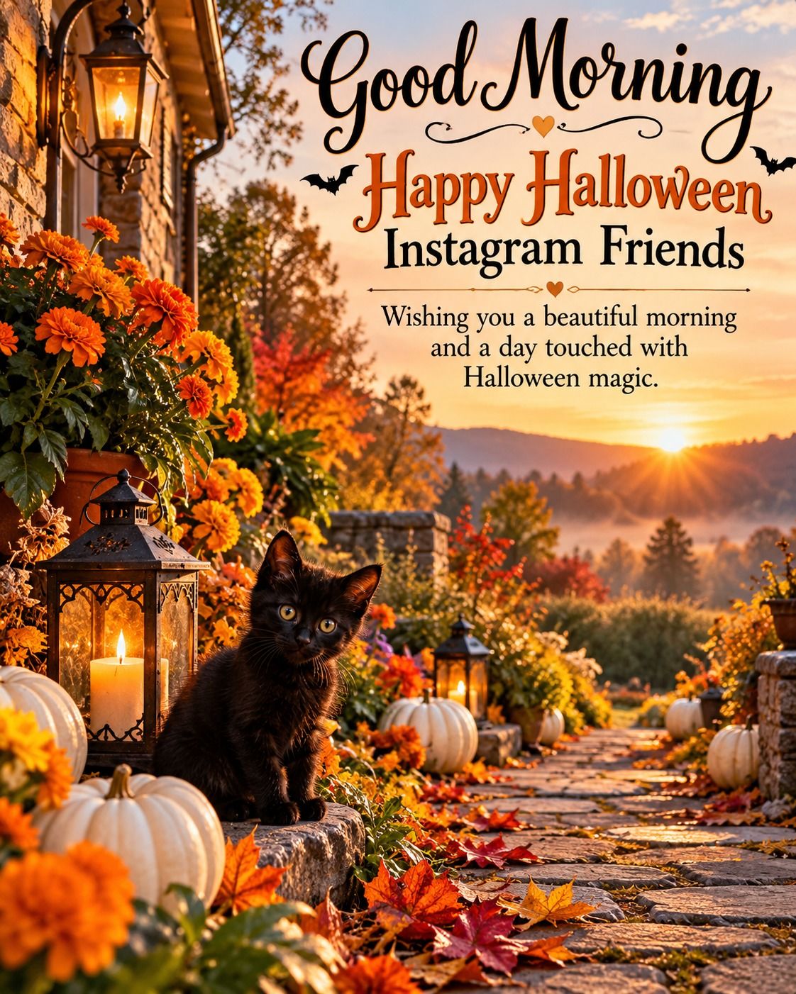 Good Morning Happy Halloween Instagram Friends Black Kitten On The Garden Path