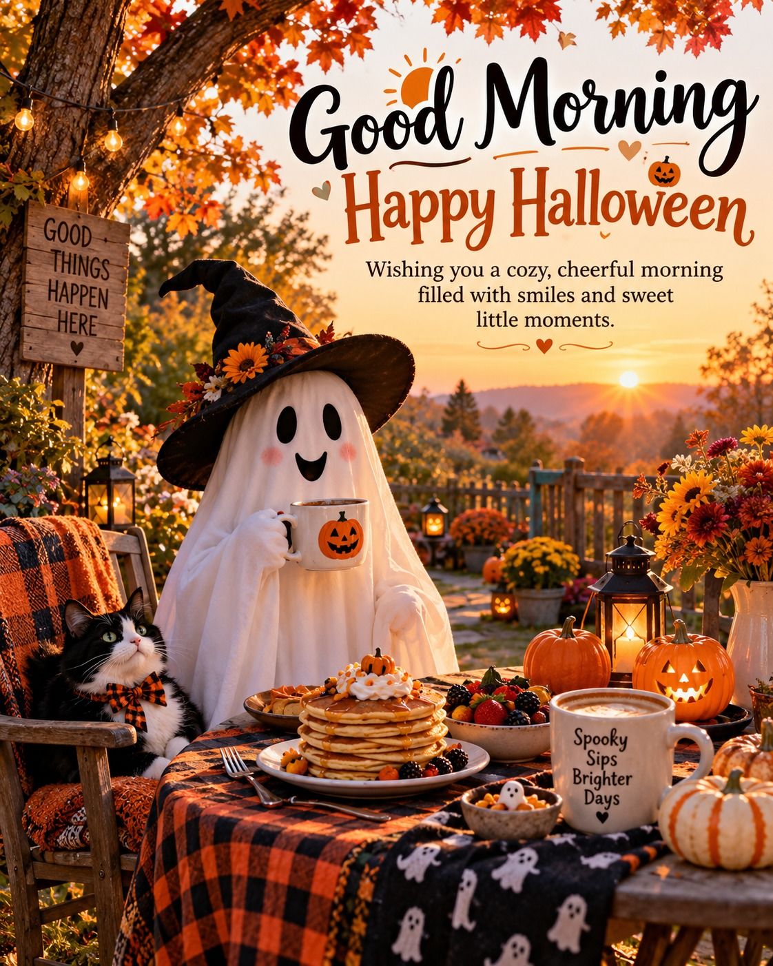 Good Morning Happy Halloween Cozy Cheerful Morning With A Coffee Loving Ghost