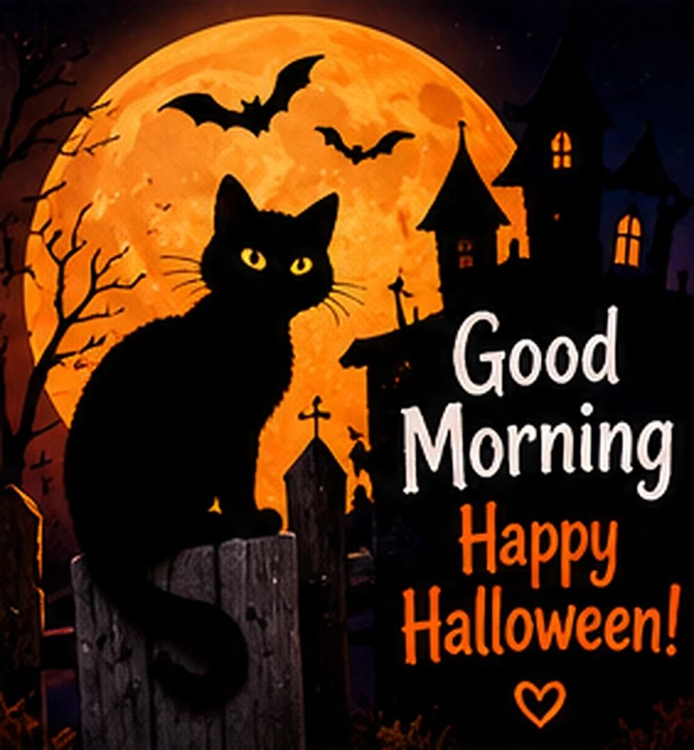 Good Morning Happy Halloween Black Cat Under The Orange Moon