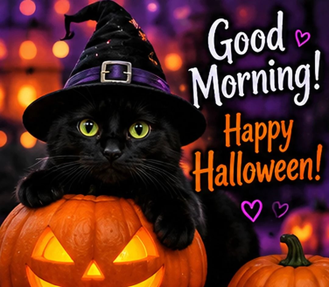 Good Morning Happy Halloween Black Cat In A Witch Hat
