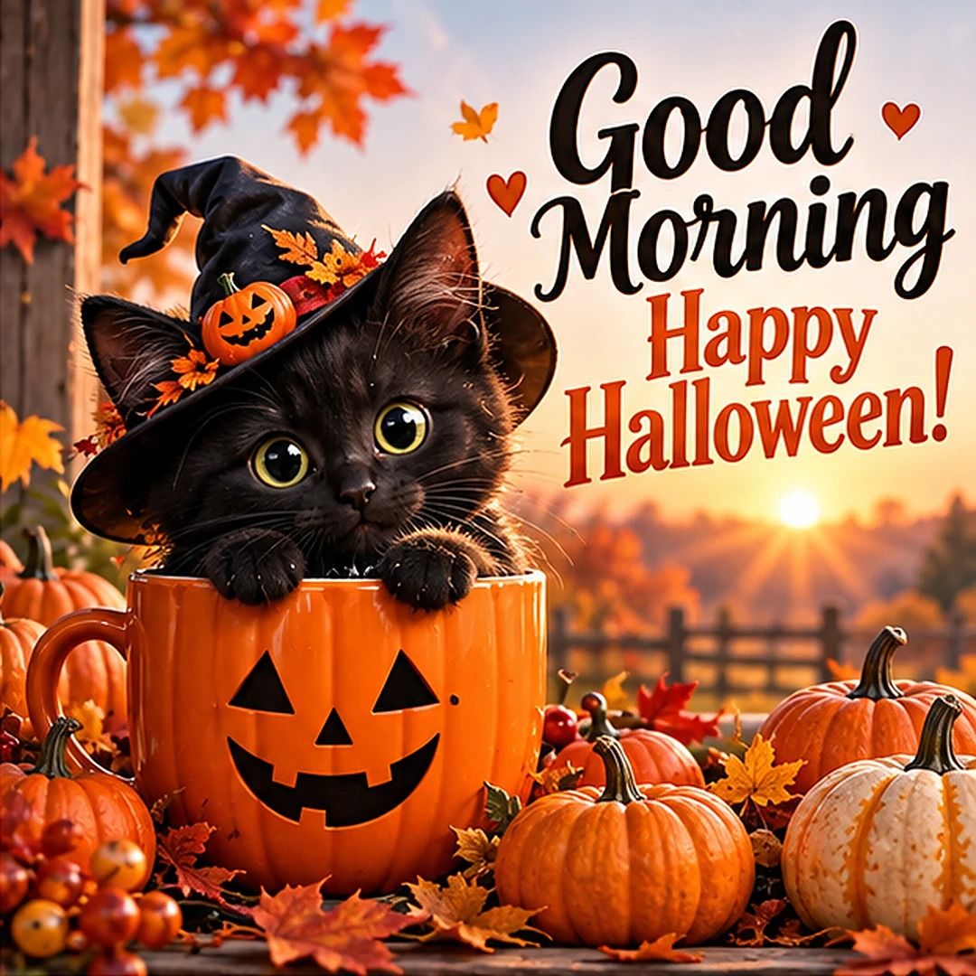 Good Morning Happy Halloween Black Kitten In A Pumpkin Mug