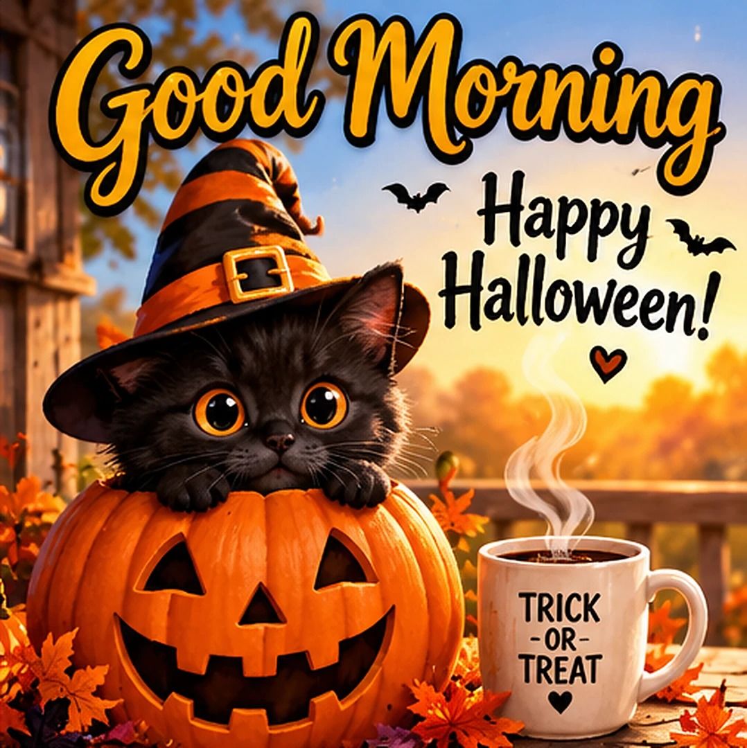 Good Morning Happy Halloween Kitten With Trick Or Treat Coffee
