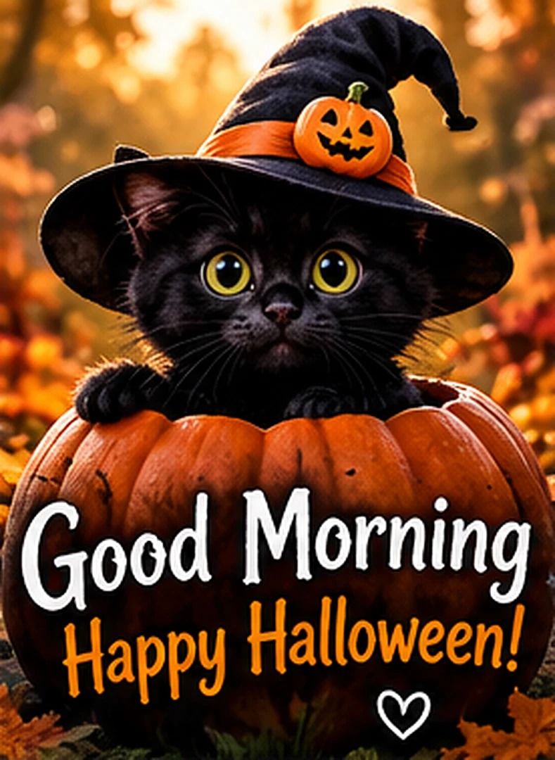 Good Morning Happy Halloween Black Kitten In A Pumpkin