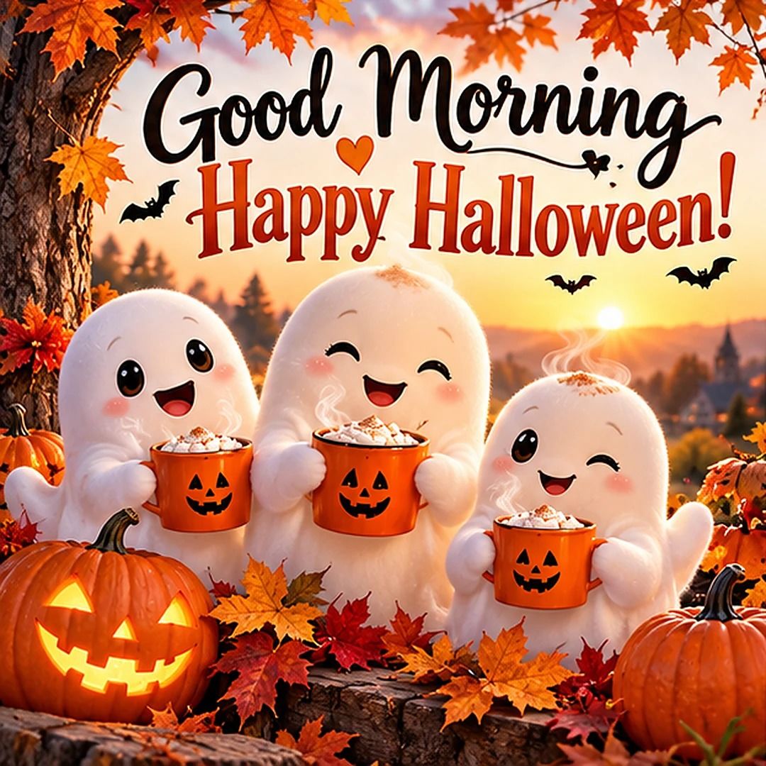 Good Morning Happy Halloween Cute Ghost Friends With Hot Chocolate