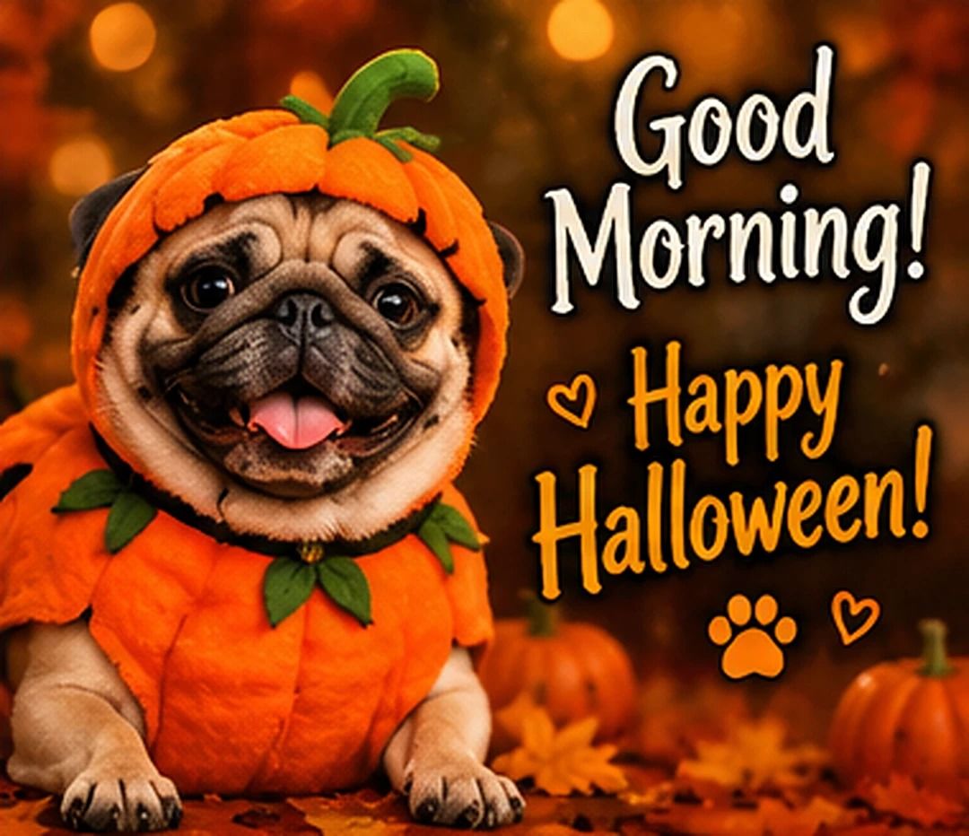 Good Morning Happy Halloween Pug In A Pumpkin Costume
