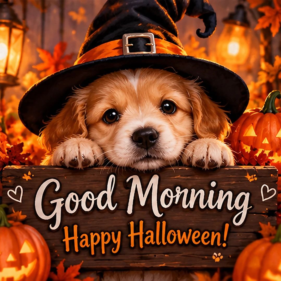 Good Morning Happy Halloween Puppy In A Witch Hat