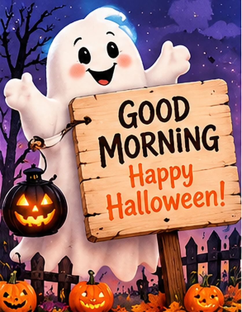 Good Morning Happy Halloween Friendly Ghost Holding A Sign