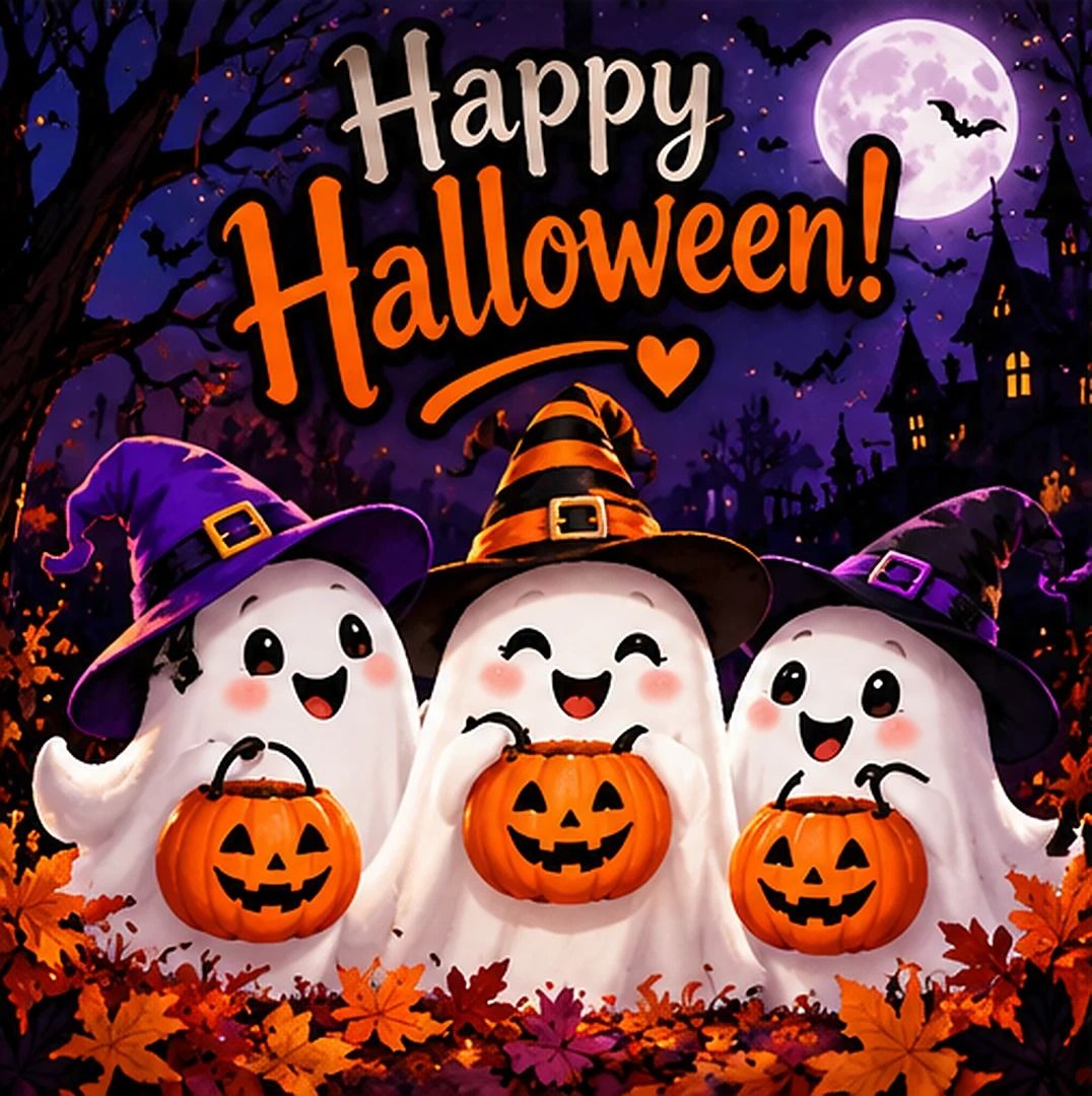Happy Halloween Friendly Ghosts In Witch Hats