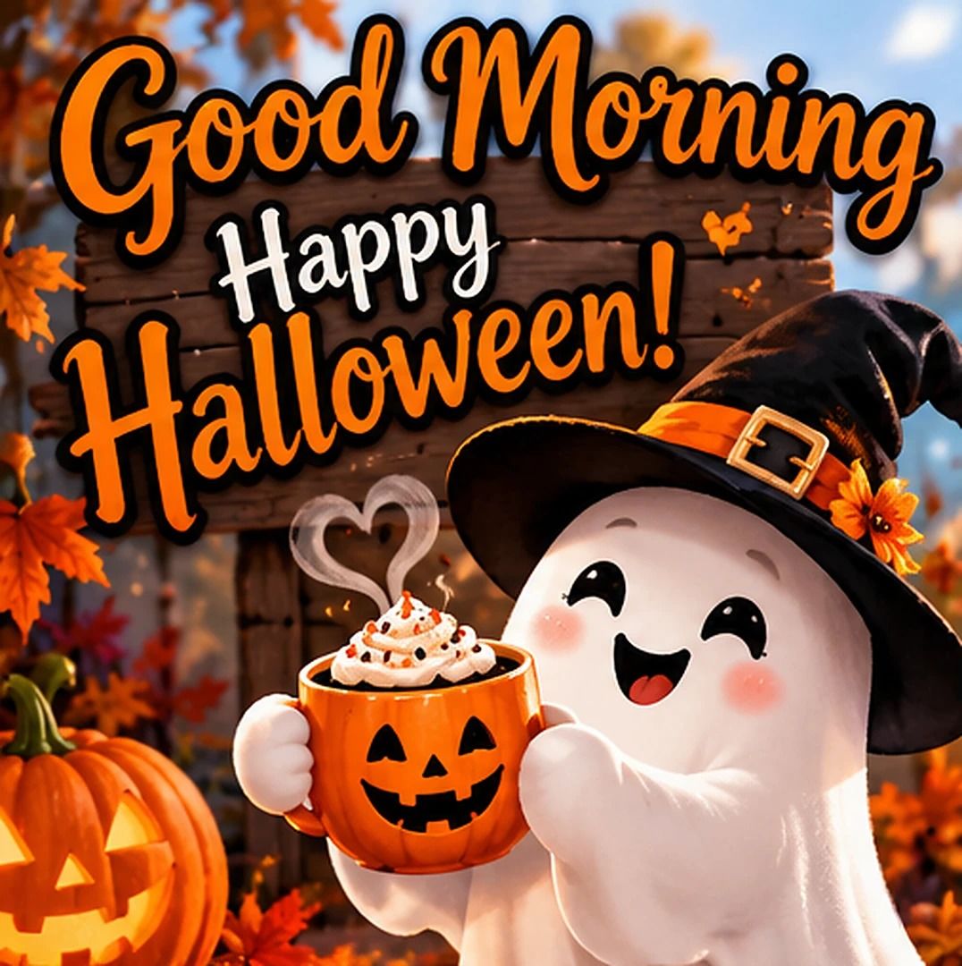 Good Morning Happy Halloween Ghost In A Witch Hat With Coffee