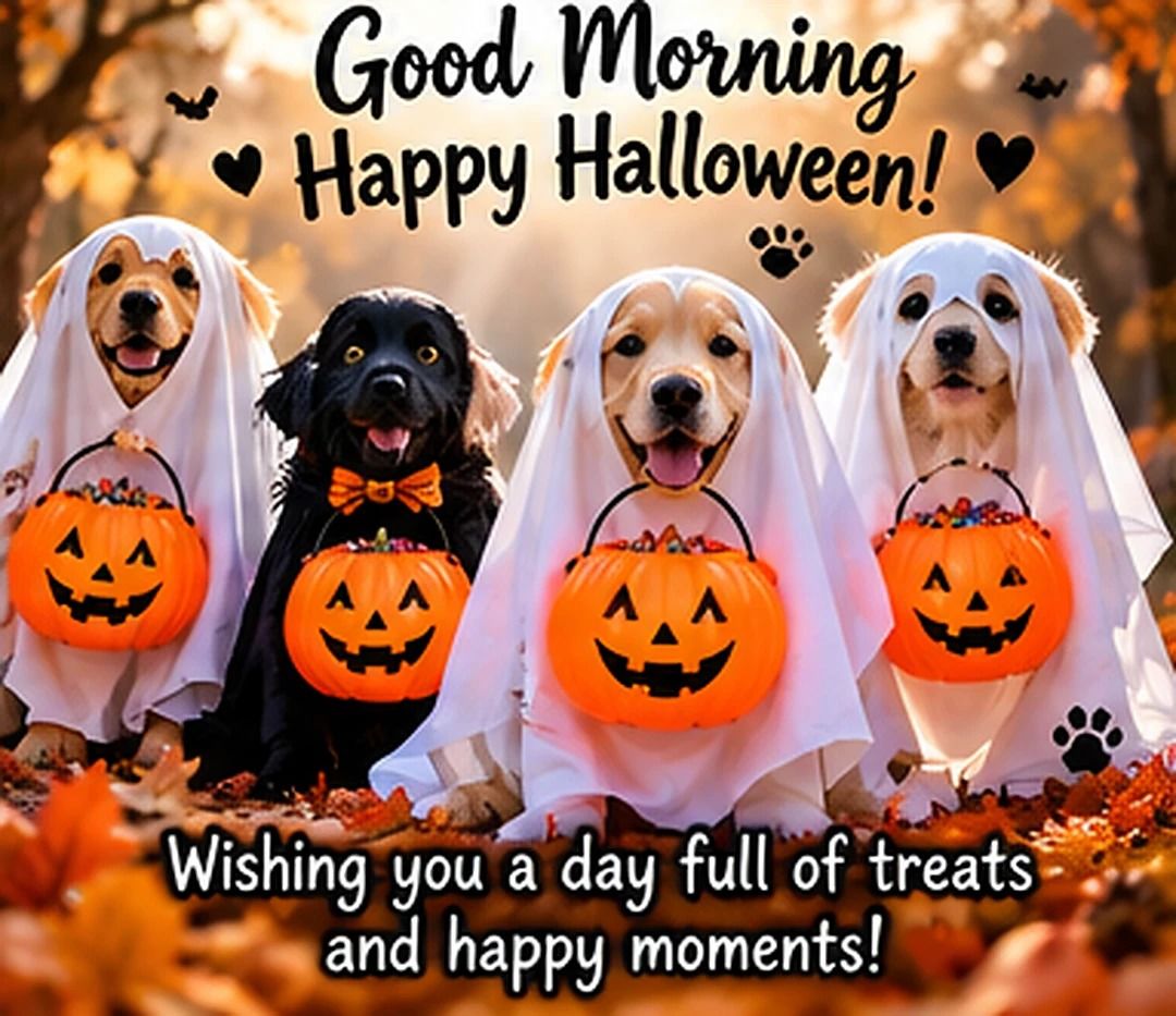 Good Morning Happy Halloween Dogs In Ghost Costumes Wishing You Treats