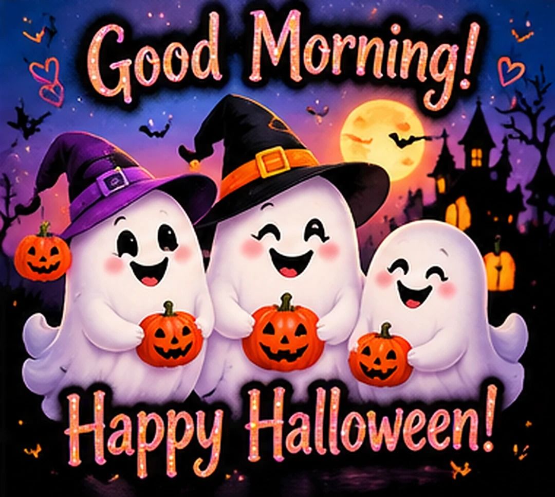 Good Morning Happy Halloween Happy Ghosts On A Purple Night