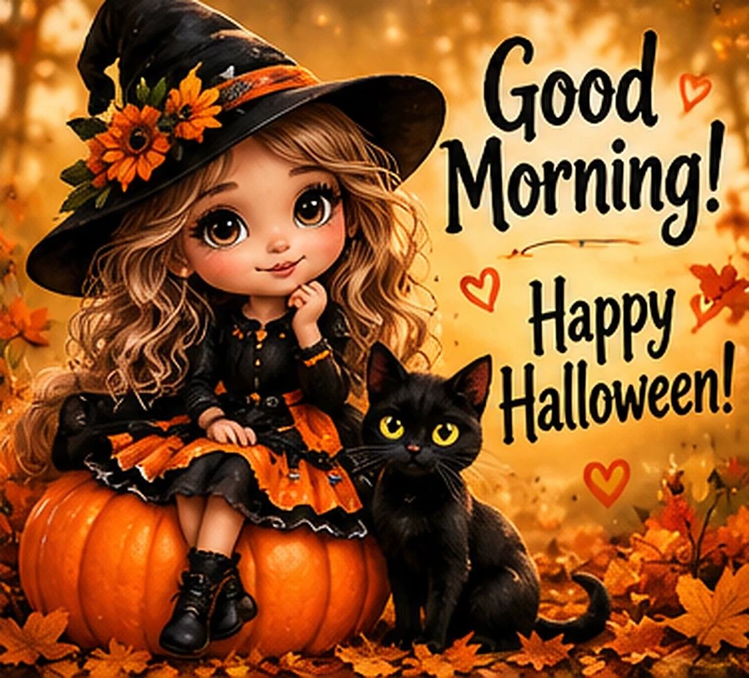 Good Morning Happy Halloween Little Witch Girl And Black Cat
