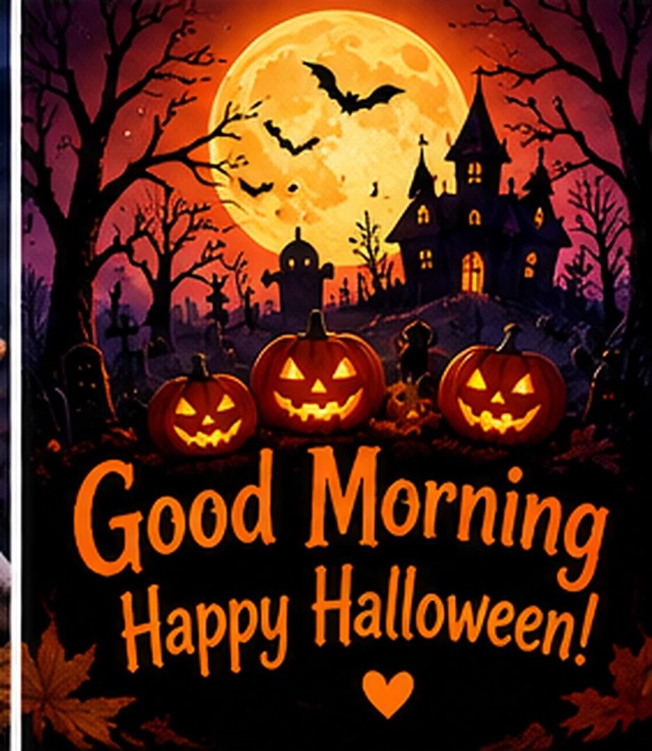 Good Morning Happy Halloween Moonlit Pumpkins And Haunted House