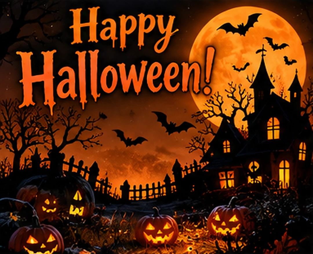 Happy Halloween Orange Full Moon Over A Haunted House