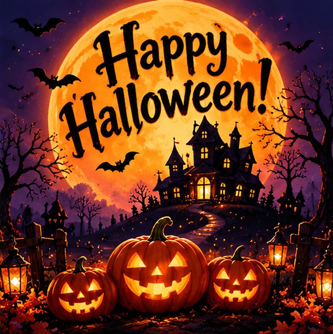 Happy Halloween Glowing Pumpkins And Haunted House Under The Moon
