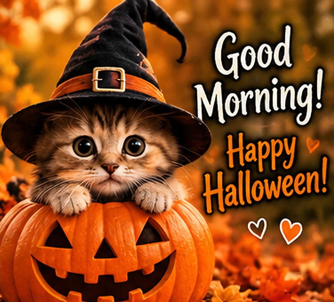 Good Morning Happy Halloween Tabby Kitten In A Witch Hat