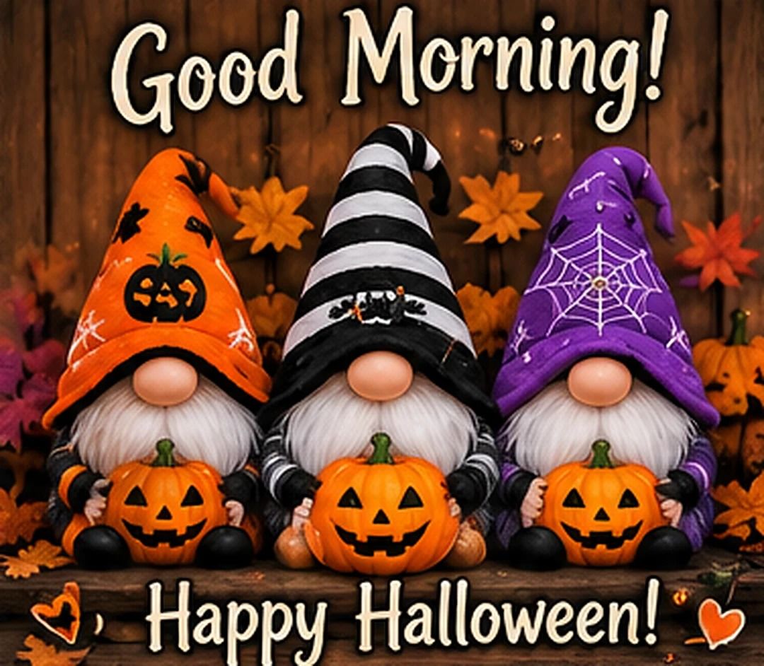 Good Morning Happy Halloween Three Gnomes With Pumpkins