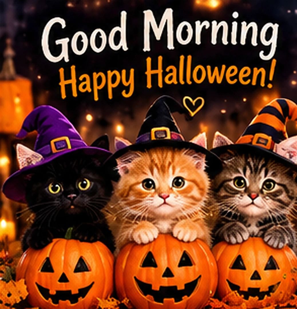 Good Morning Happy Halloween Three Kittens With Glowing Pumpkins