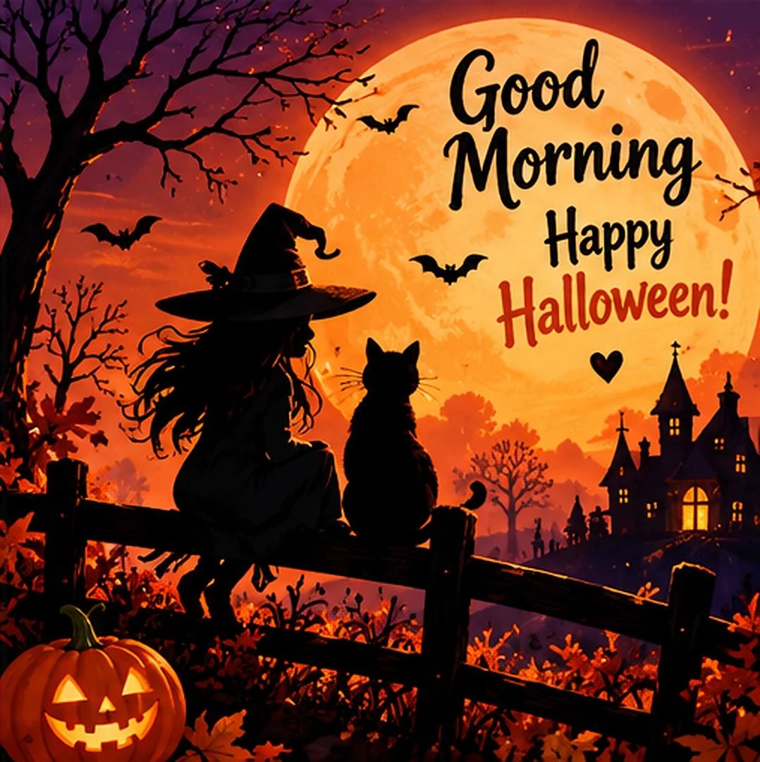 Good Morning Happy Halloween Witch And Cat Silhouette