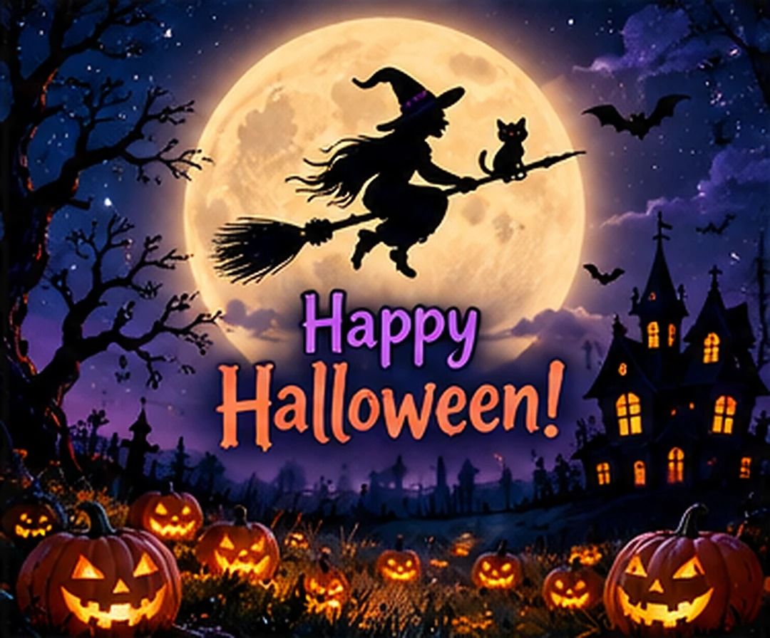 Happy Halloween Witch And Cat On A Broom By The Full Moon