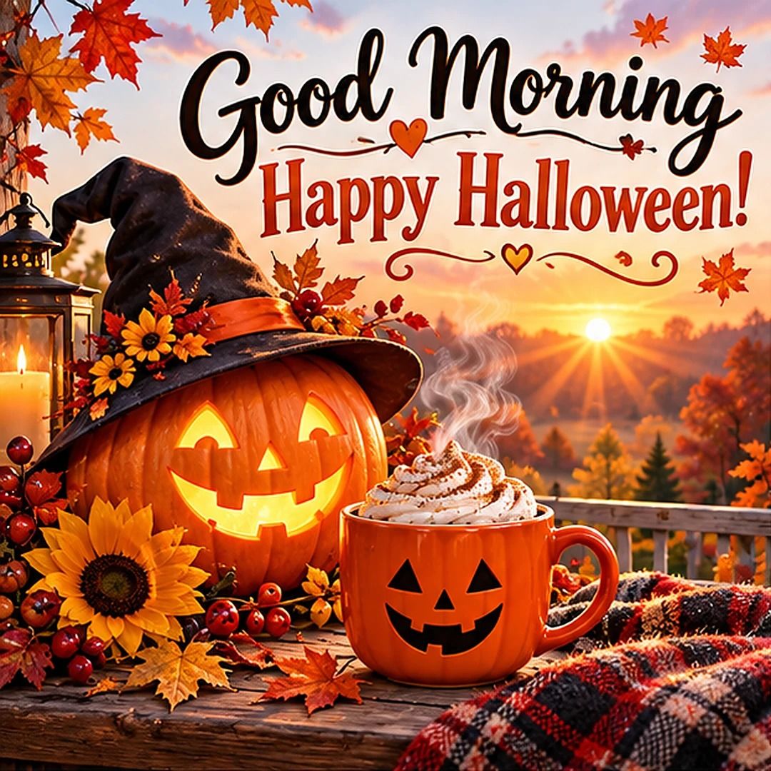 Good Morning Happy Halloween Witch Hat Jack O Lantern And Pumpkin Spice