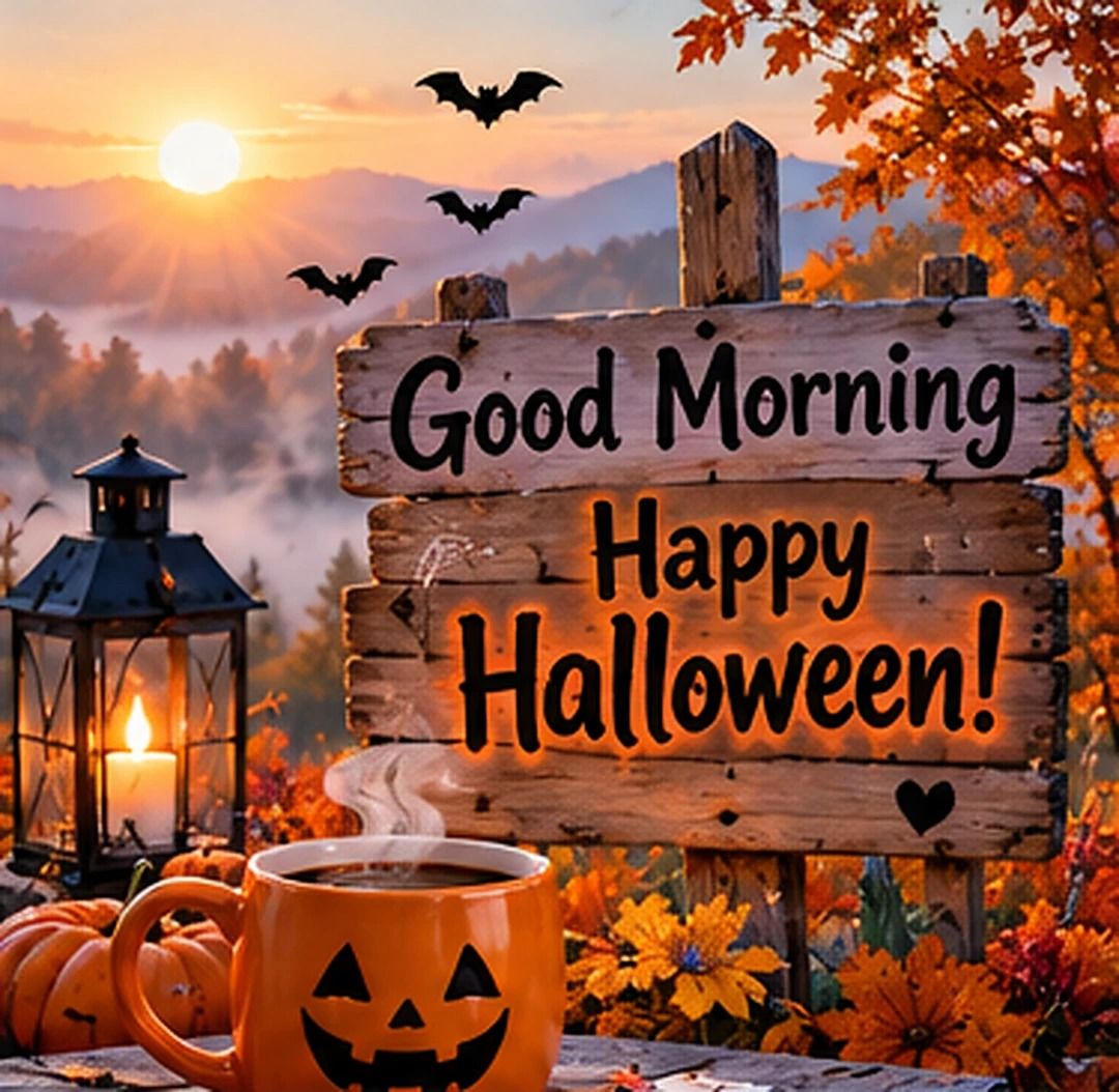 Good Morning Happy Halloween Wooden Sign And Pumpkin Coffee