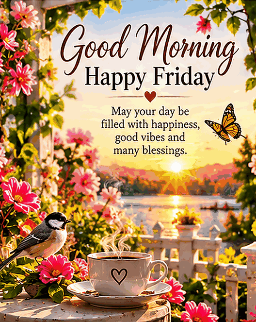 Good Morning Happy Friday Pink Flowers And Butterfly GIF