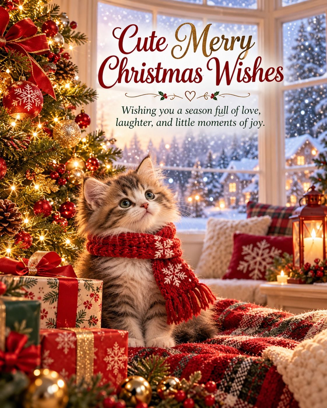 Cute Merry Christmas Wishes Kitten In A Red Scarf By The Tree