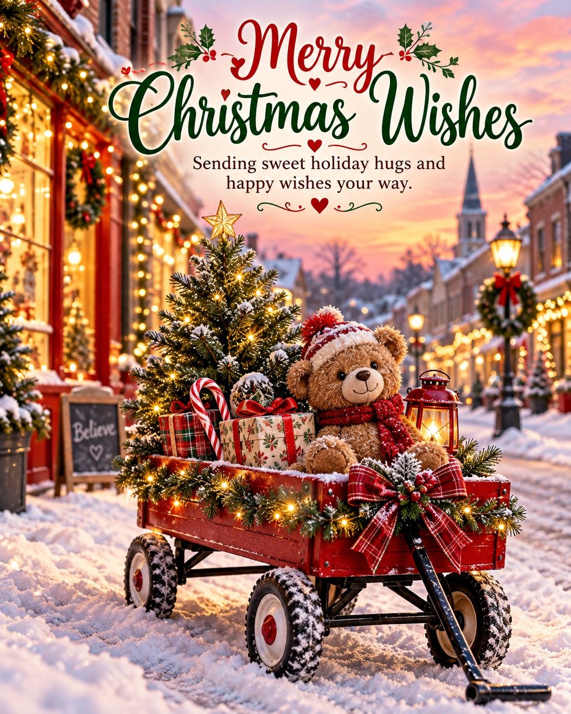 Merry Christmas Wishes Sending Sweet Holiday Hugs Teddy Bear Wagon