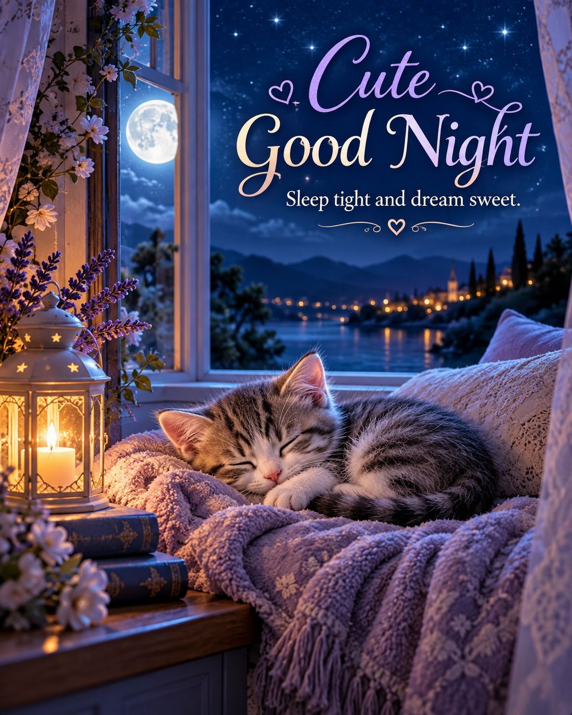 Cute Good Night Sleep Tight And Dream Sweet Sleeping Kitten