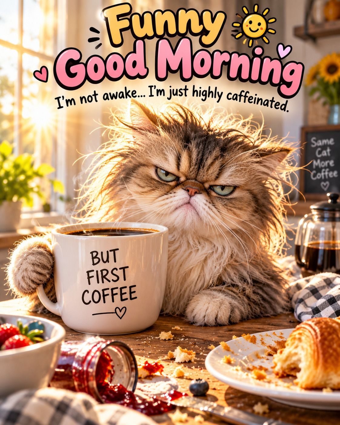 Funny Good Morning I'm Not Awake I'm Just Highly Caffeinated Cat