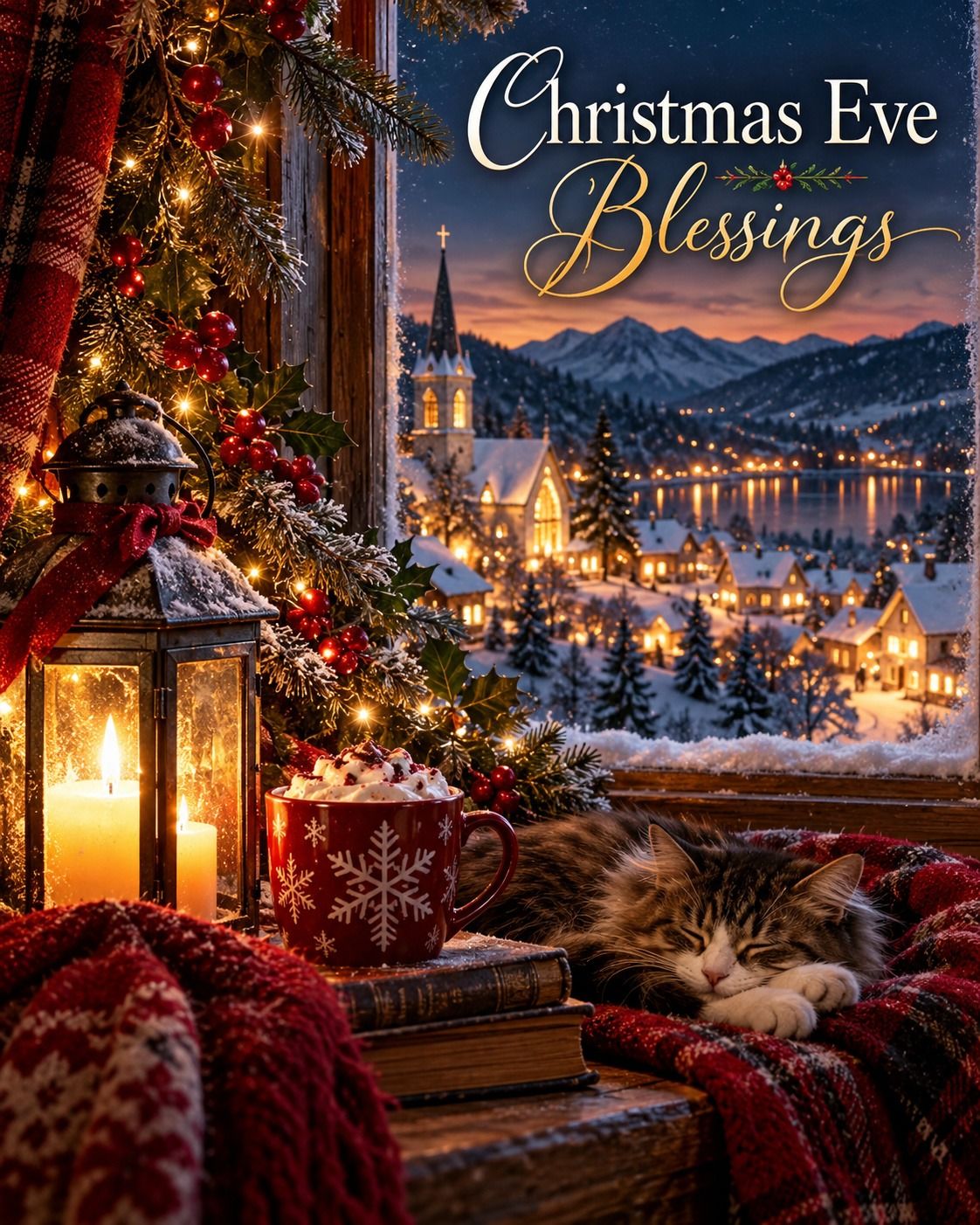 Christmas Eve Blessings Cozy Cat By Candlelight And A Snowy Village