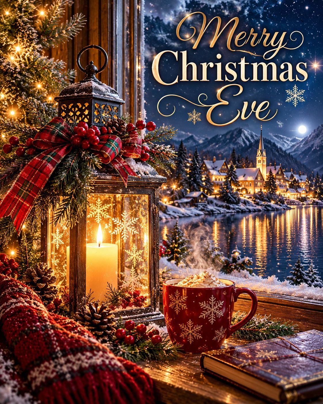 Merry Christmas Eve Glowing Lantern Over A Snowy Lake And Church