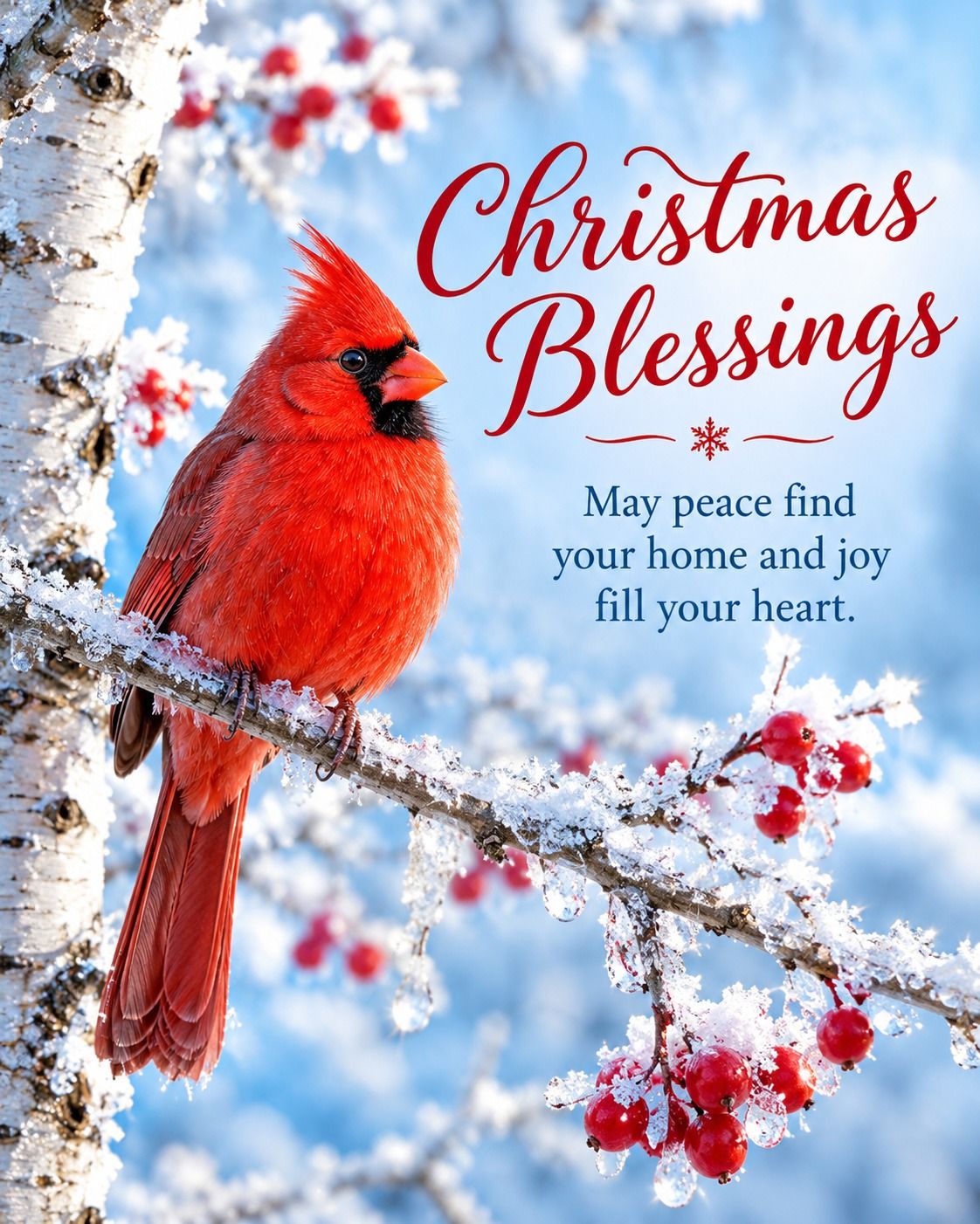 Christmas Blessings May Peace Find Your Home Red Cardinal On An Icy Branch