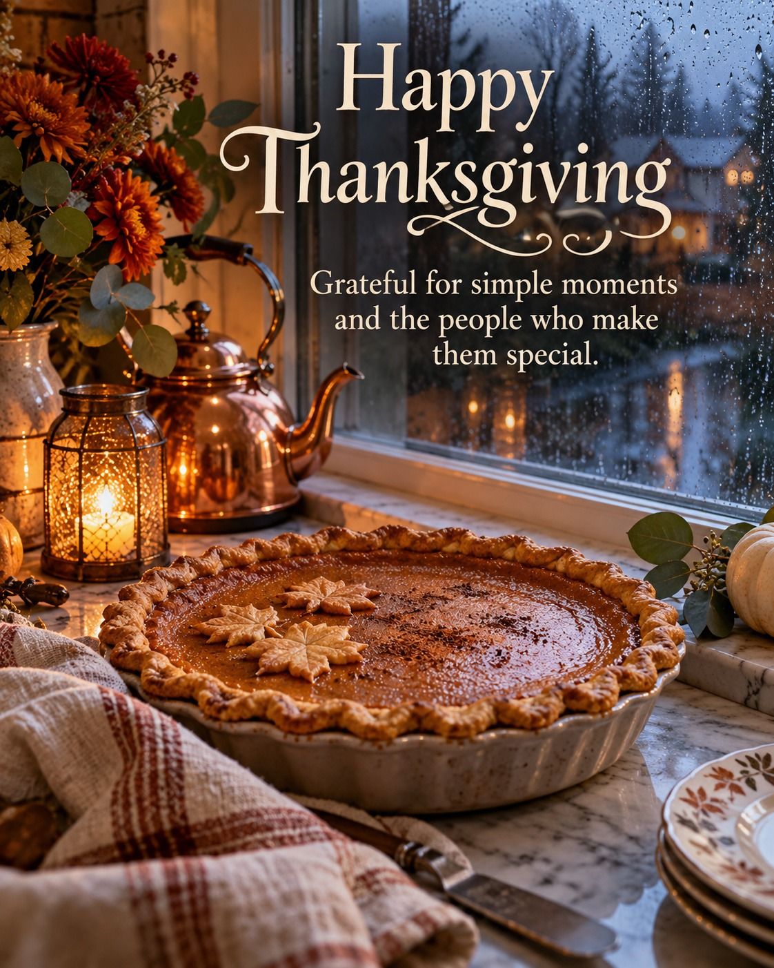 Happy Thanksgiving Grateful For Simple Moments Pumpkin Pie By A Rainy Window