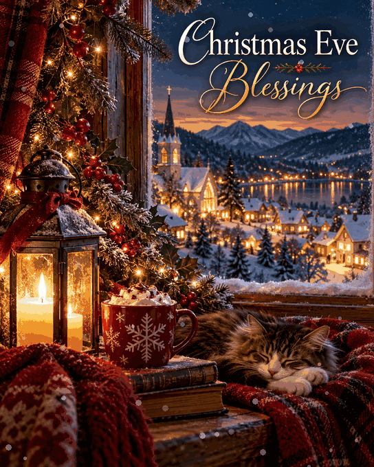 Christmas Eve Blessings Cozy Cat And Falling Snow Gif