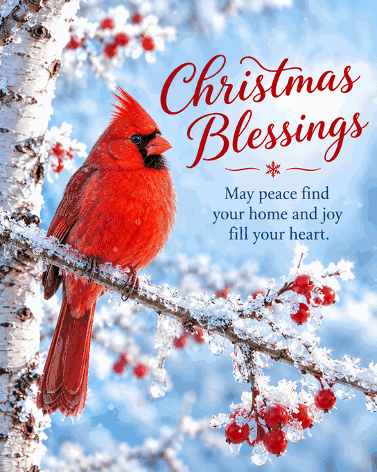Christmas Blessings Red Cardinal In Falling Snow Gif