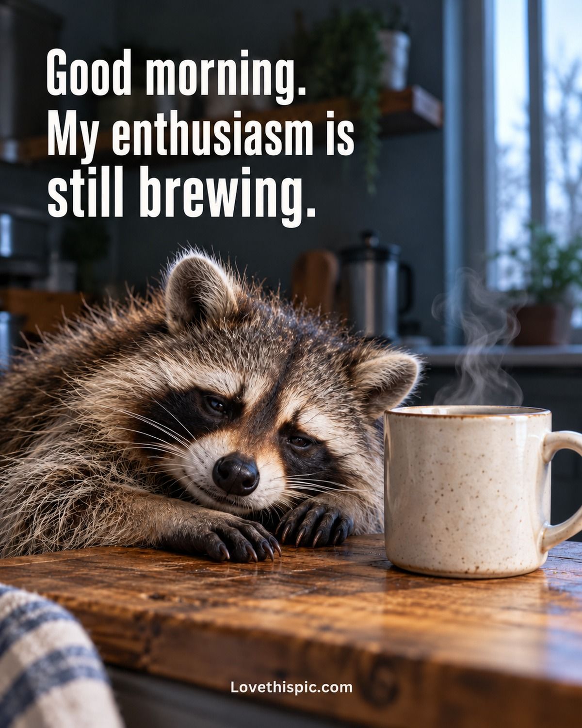 Good Morning My Enthusiasm Is Still Brewing Raccoon With Coffee