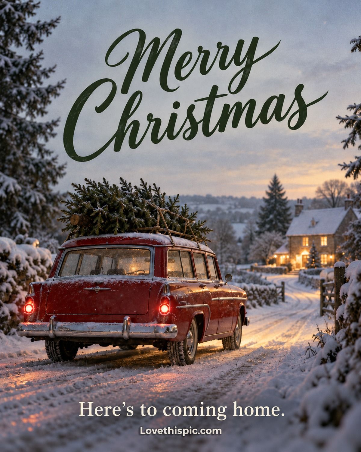 Merry Christmas Here's To Coming Home Vintage Car In The Snow