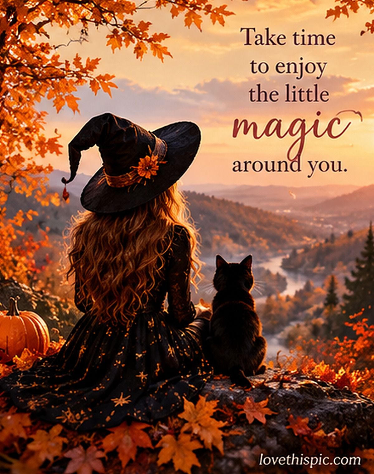 Take Time To Enjoy The Little Magic Around You Halloween Witch And Black Cat