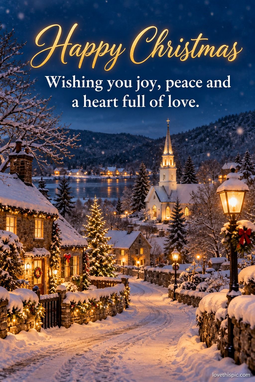 Happy Christmas Wishing You Joy Peace And A Heart Full Of Love Snowy Village Church