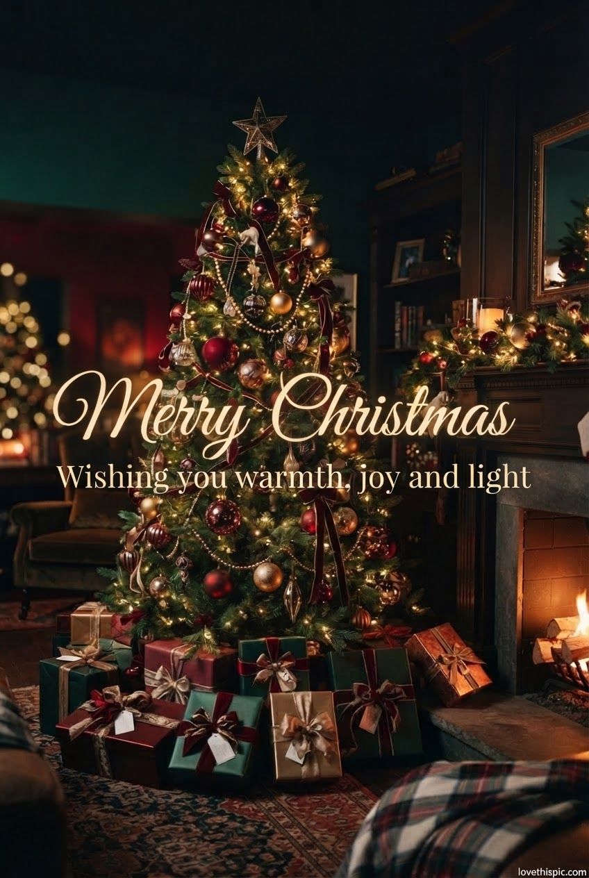 Merry Christmas Wishing You Warmth Joy And Light Decorated Tree By The Fire