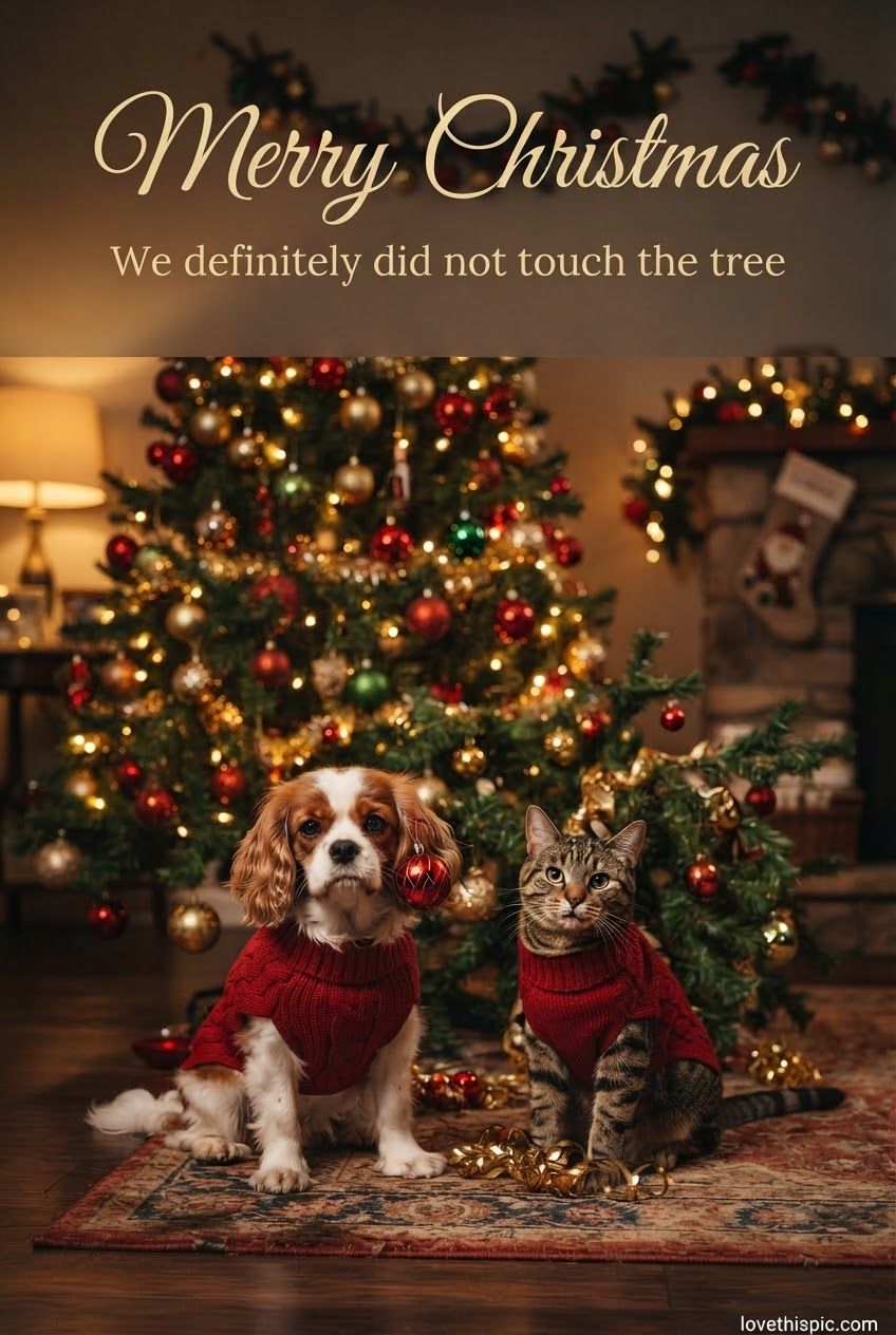Merry Christmas We Definitely Did Not Touch The Tree Funny Cat And Dog