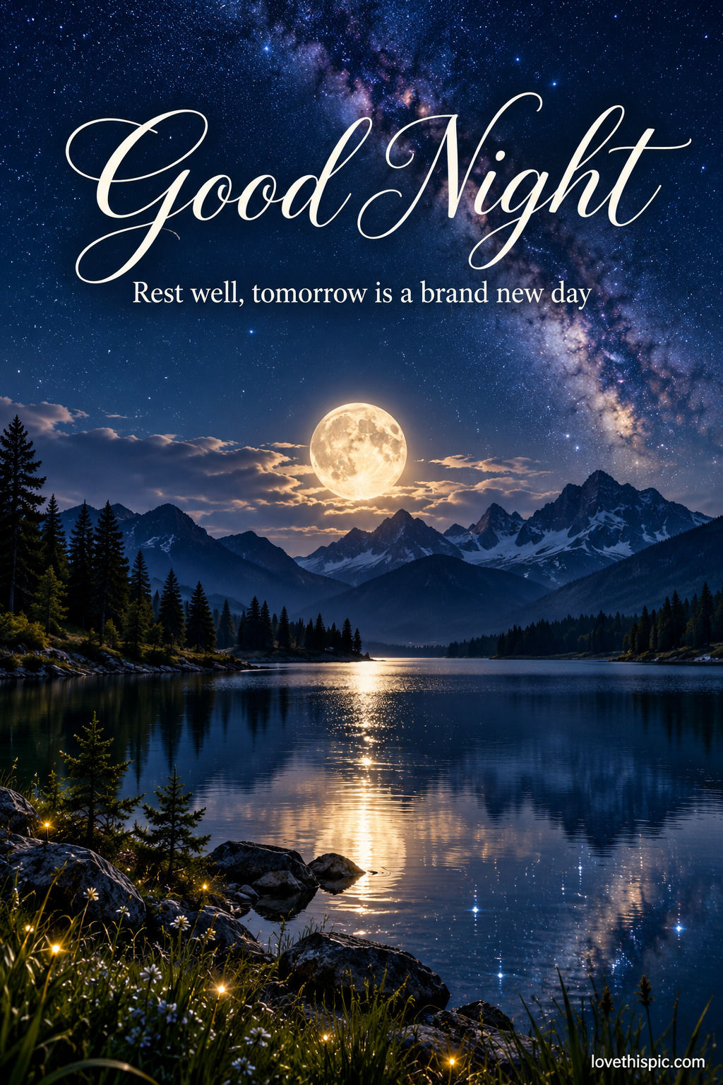 Good Night Rest Well Tomorrow Is A Brand New Day Moonlit Mountain Lake