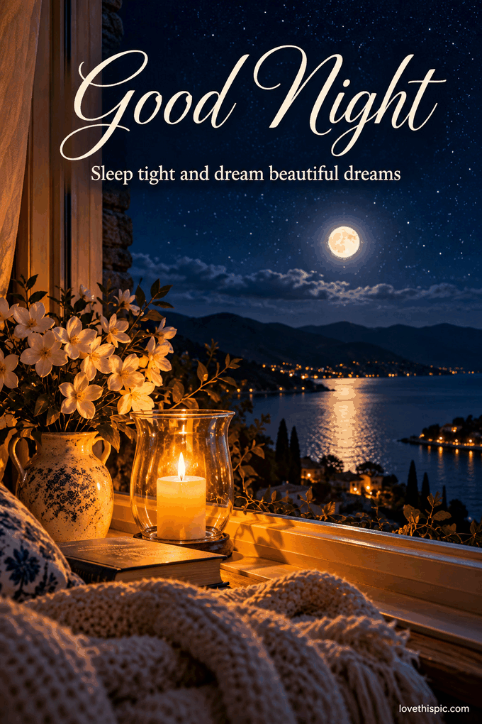 Good Night Sleep Tight And Dream Beautiful Dreams Candlelit Window Gif